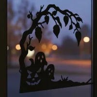 Halloween Baum-Ecke Wandbild mit Geistern und Kürbis – Birken-Sperrholz