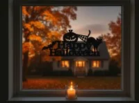 Happy Halloween Wall Art – Pumpkin, Black Cat and Bat Sign – Birch Plywood