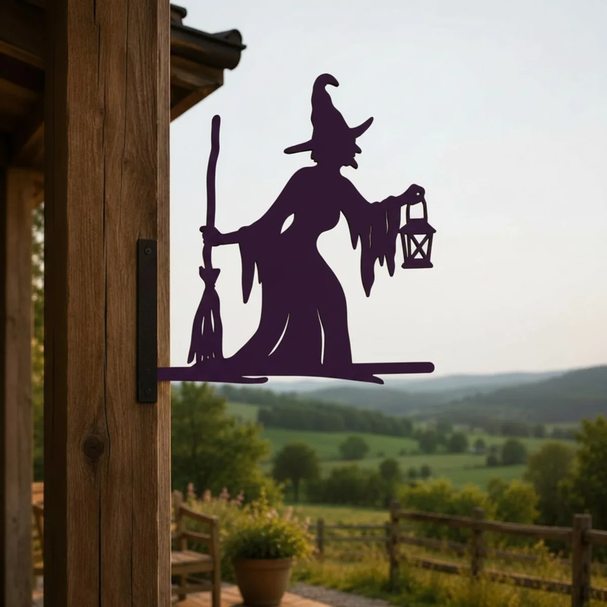 Witch with Broom & Lantern Garden Sign – Halloween Plywood Silhouette 60 cm