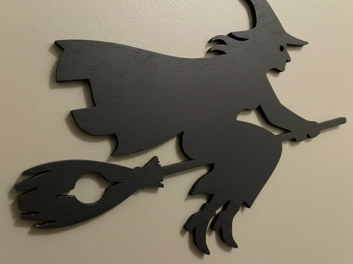Flying Witch Wall Decor – Halloween Witch on Broomstick Silhouette – Birch Plywood