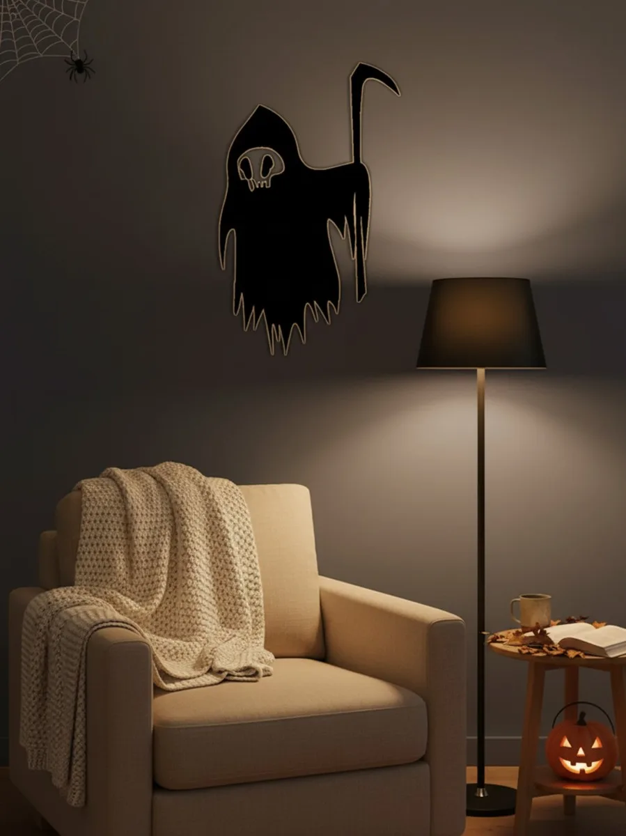Décoration murale faucheuse – Silhouette Halloween avec faux – Bouleau