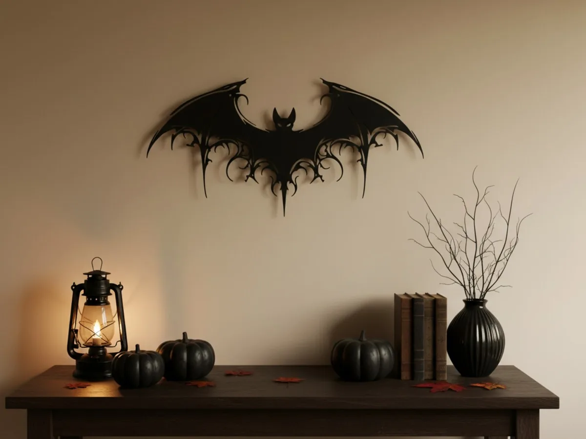 Tribal Bat Wall Art – Ornate Gothic Bat with Scrollwork Wings – Birch Plywood Halloween