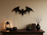 Tribal Bat Wall Art – Ornate Gothic Bat with Scrollwork Wings – Birch Plywood Halloween