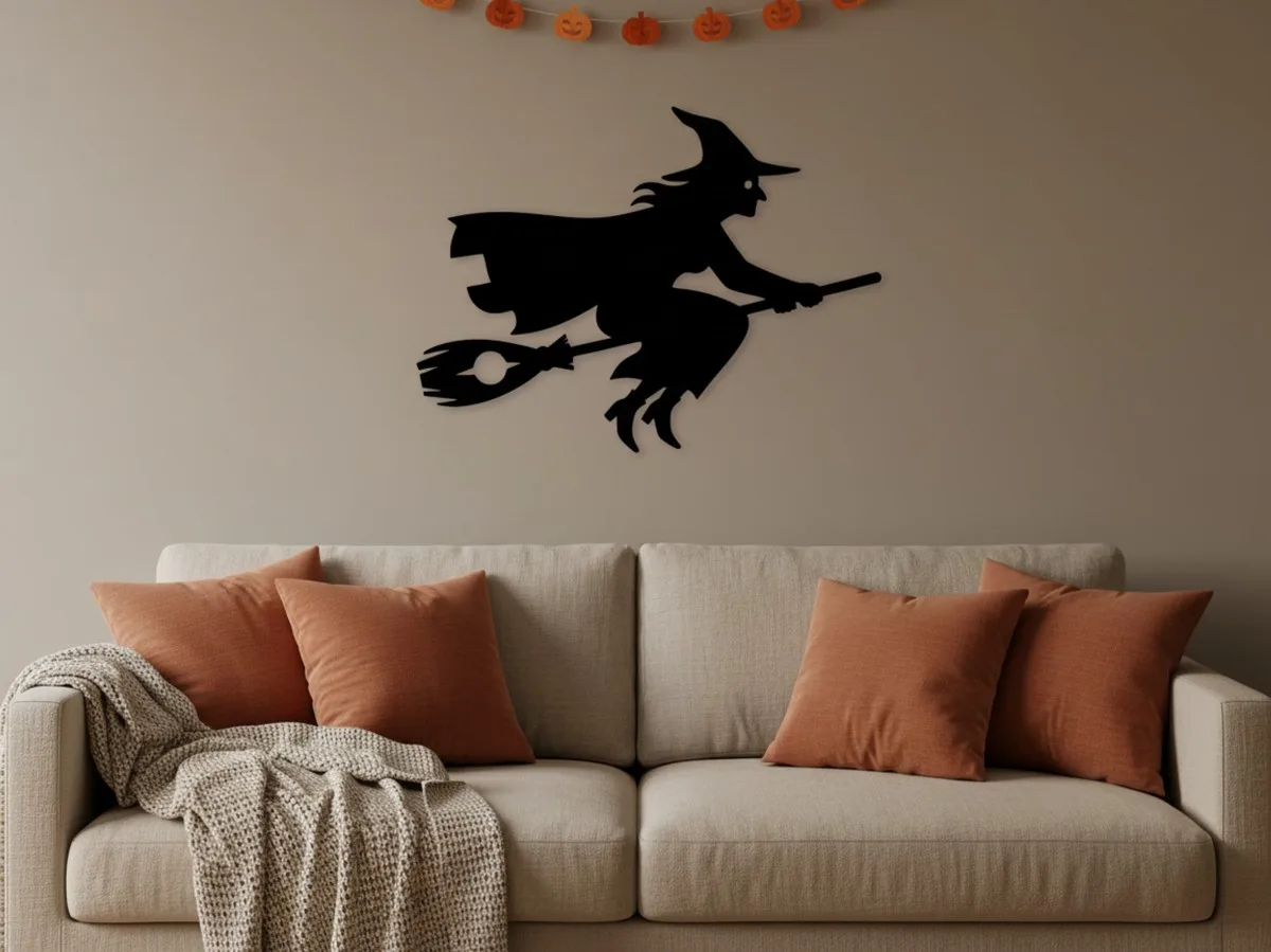 Flying Witch Wall Decor – Halloween Witch on Broomstick Silhouette – Birch Plywood