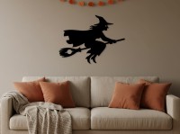 Flying Witch Wall Decor – Halloween Witch on Broomstick Silhouette – Birch Plywood