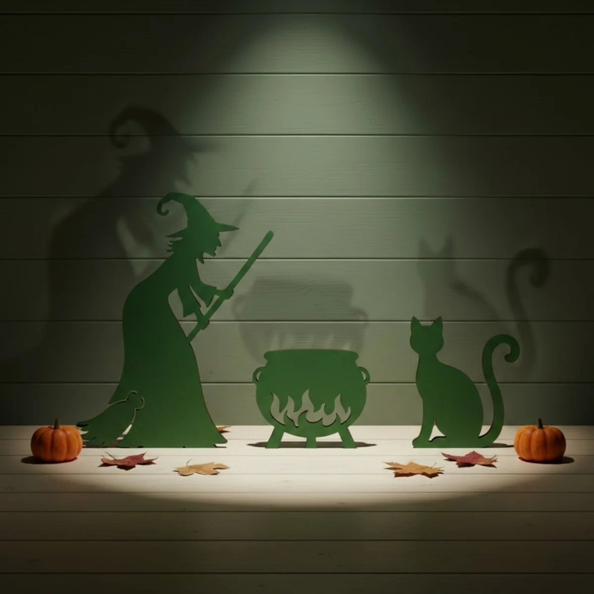 Witch with Cauldron and Cat — Halloween Wooden Silhouette Set