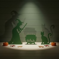 Witch with Cauldron and Cat — Halloween Wooden Silhouette Set