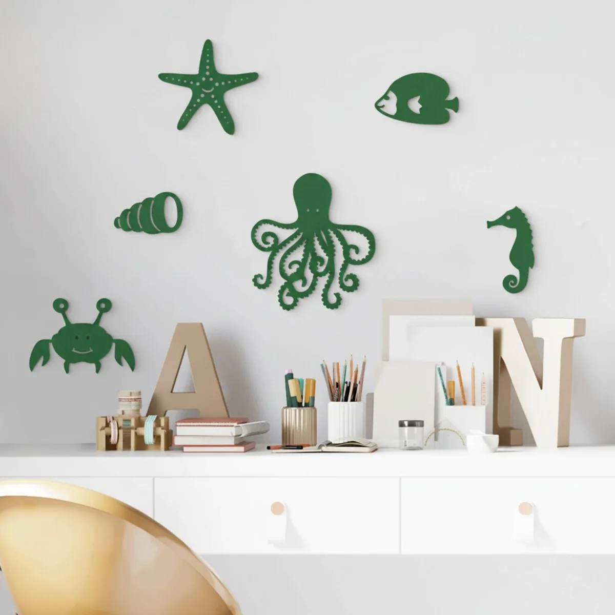 Wooden Marine Animal Decor (6 pieces) - Birch Plywood - 50x30 cm