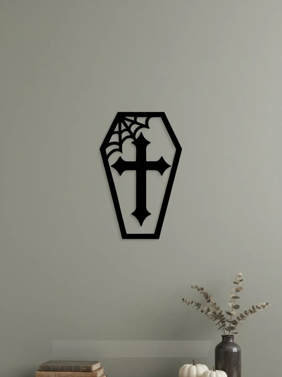 Coffin Wall Decor – Cross & Spider Web – Birch Plywood 30x45 cm