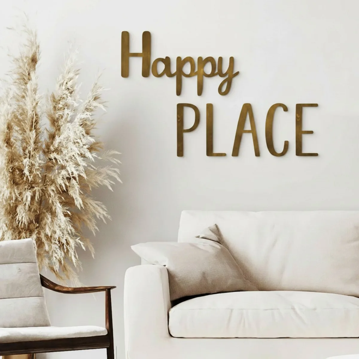 Houten woorden „Happy Place” van berkenmultiplex – wanddecoratie