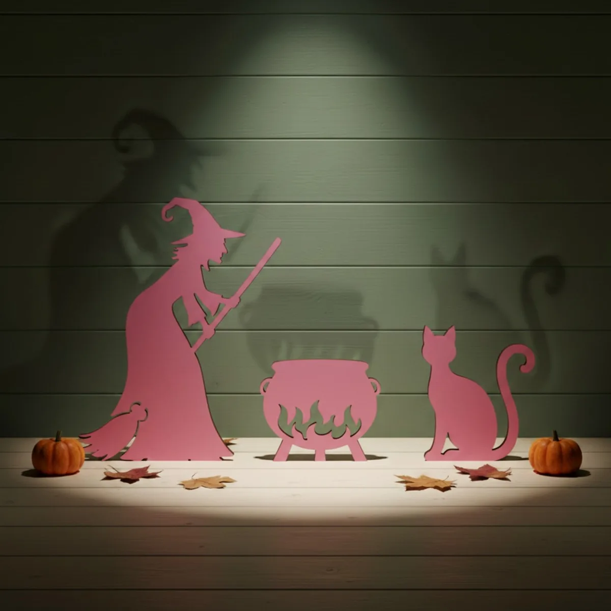 Witch with Cauldron and Cat — Halloween Wooden Silhouette Set