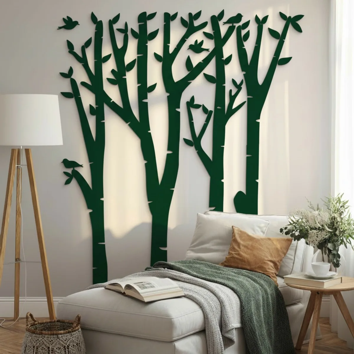 Plywood Wall Decor – Birch Forest with Birds, 120×140 cm