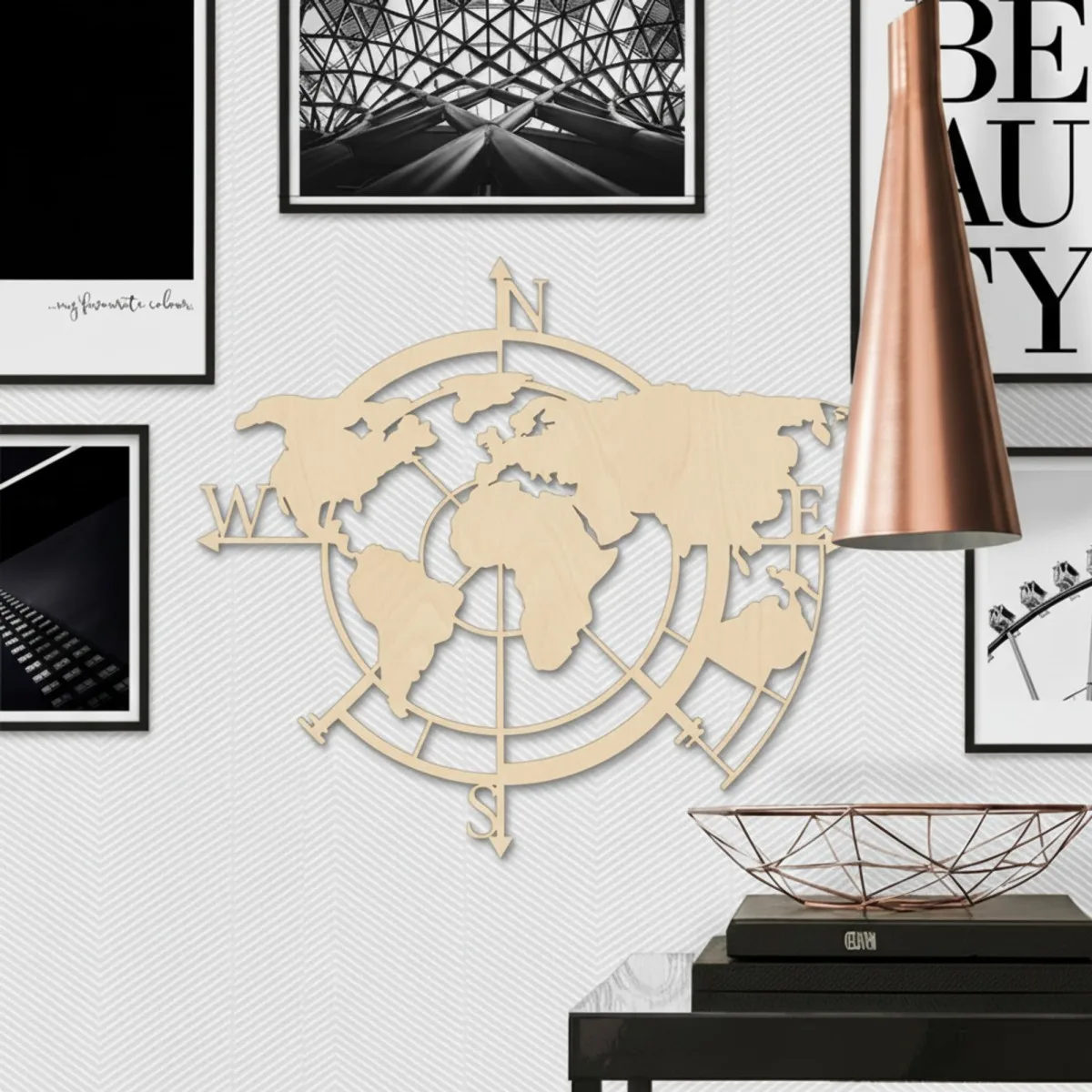Wanddecoratie „Wereldkaart windstreken“ – berken multiplex