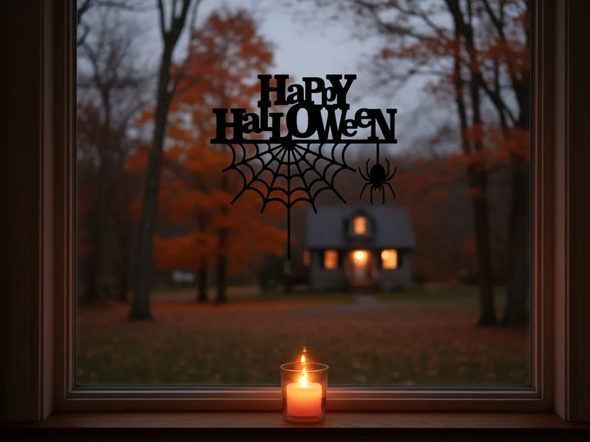 Happy Halloween Wandbild – Schriftzug mit Spinne und Spinnennetz – Birken-Sperrholz