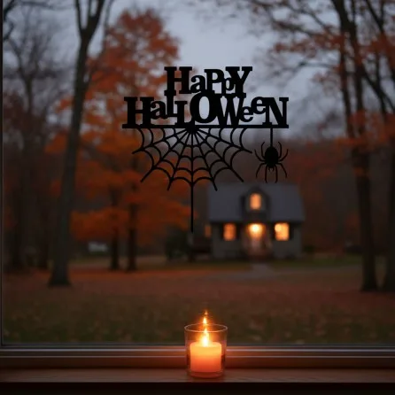 Happy Halloween wanddecoratie – lettering met hangende spin en spinnenweb – berkenmultiplex