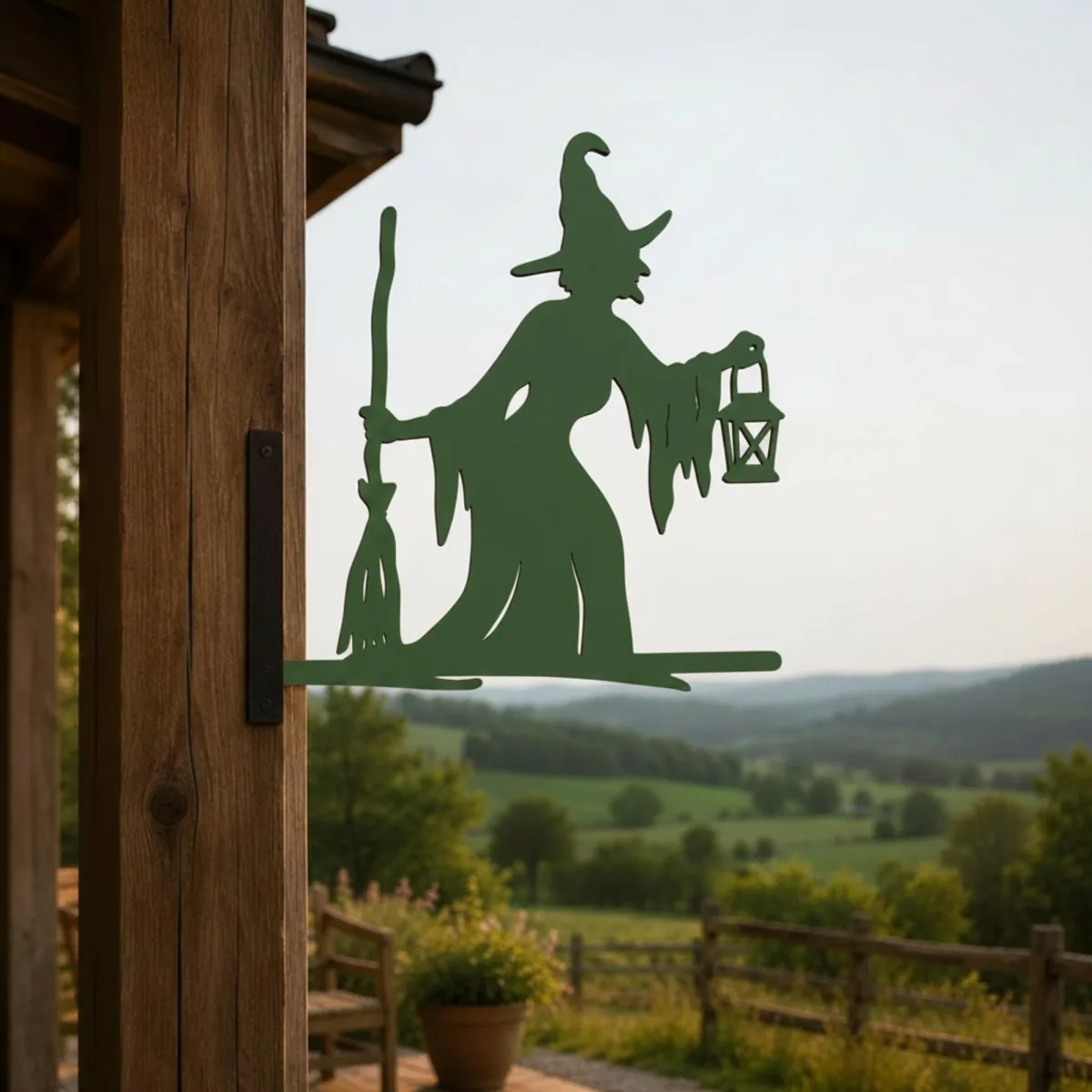 Witch with Broom & Lantern Garden Sign – Halloween Plywood Silhouette 60 cm