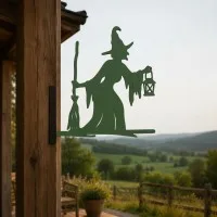 Witch with Broom & Lantern Garden Sign – Halloween Plywood Silhouette 60 cm