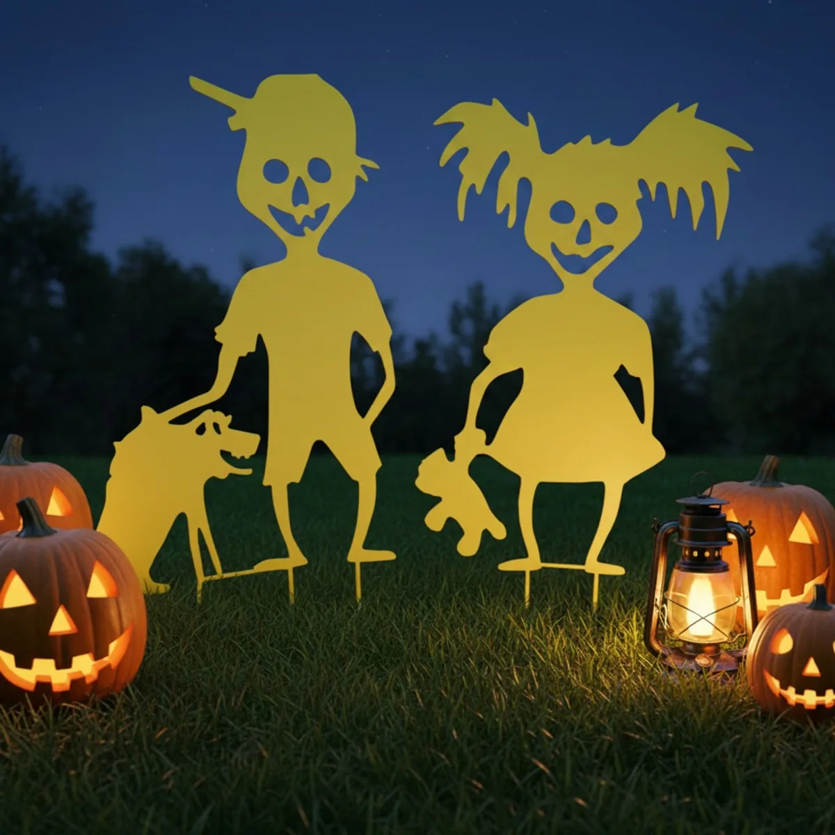 Gruselige Halloween-Kinder Gartenset – Zombie-Junge, Mädchen, Hund & Teddy