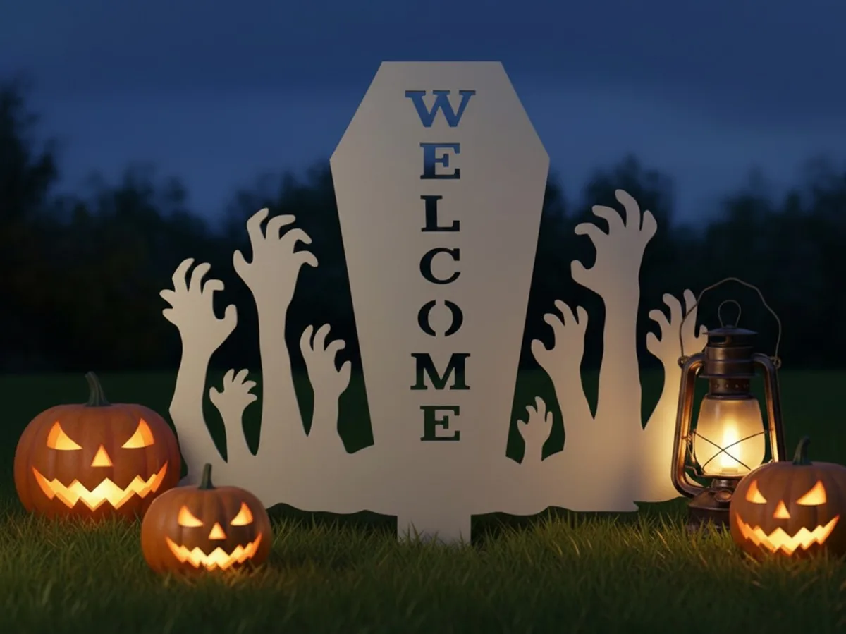 Pancarte Welcome Halloween pour jardin – cercueil avec mains de zombie 60×75 cm