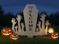 Pancarte Welcome Halloween pour jardin – cercueil avec mains de zombie 60×75 cm