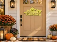 Happy Halloween bord van multiplex – Pompoen, zwarte kat & vleermuis