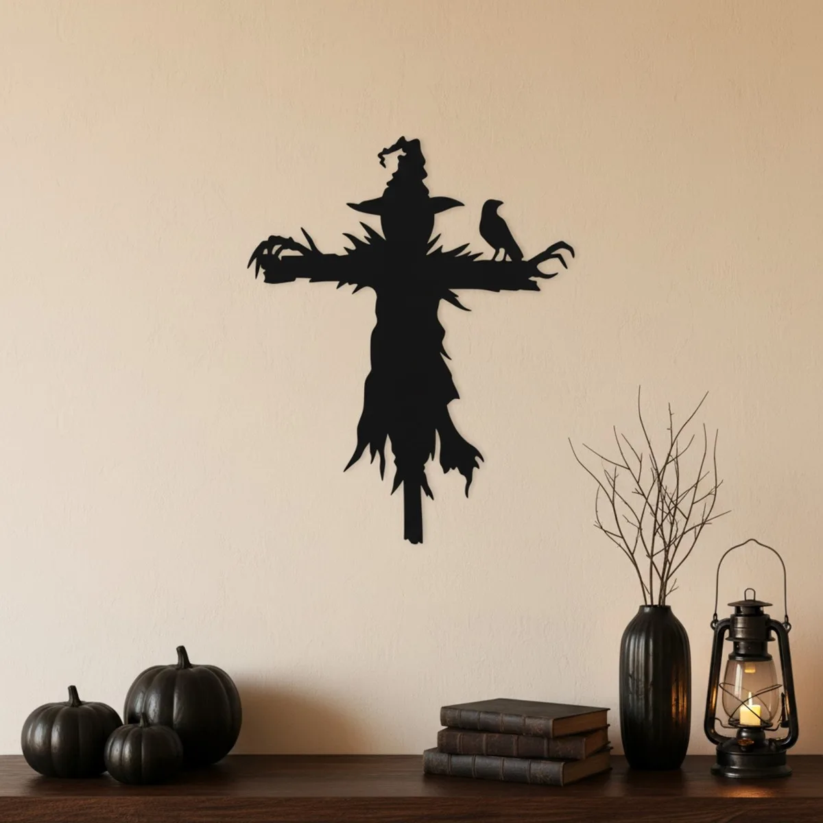 Creepy Scarecrow Wall Decor – Faceless Scarecrow with Crow on Post – Birch Plywood