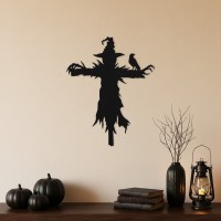 Creepy Scarecrow Wall Decor – Faceless Scarecrow with Crow on Post – Birch Plywood