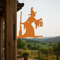 Witch with Broom & Lantern Garden Sign – Halloween Plywood Silhouette 60 cm