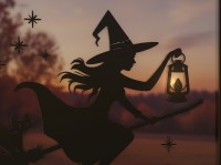Flying Witch Wall Art – Laser Cut Birch Plywood Halloween Silhouette with Cat