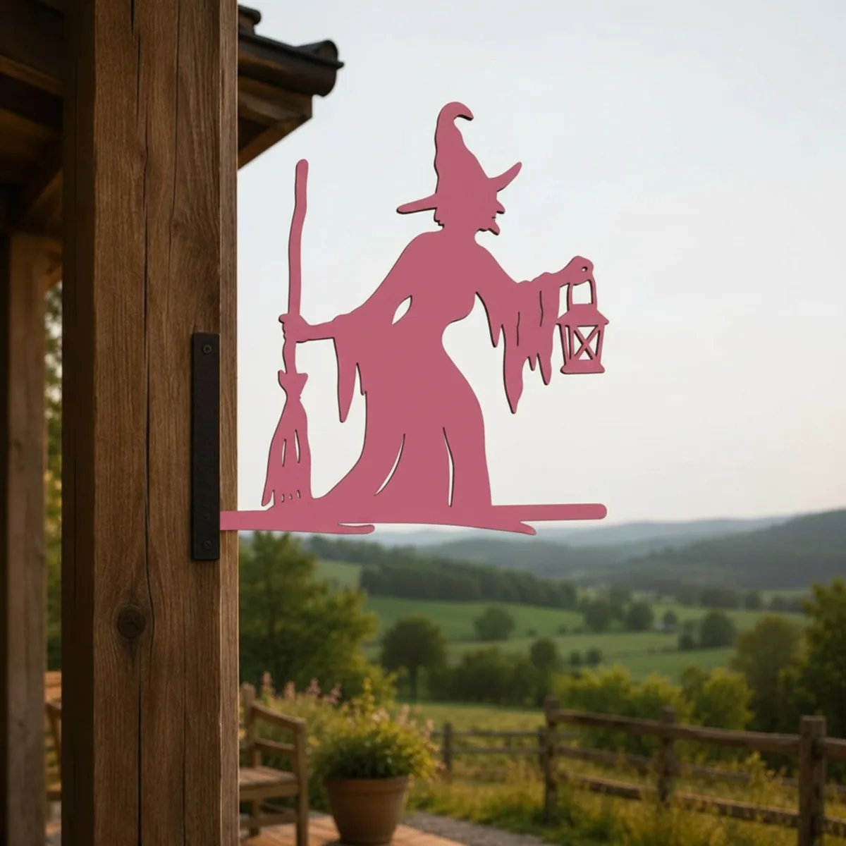 Witch with Broom & Lantern Garden Sign – Halloween Plywood Silhouette 60 cm