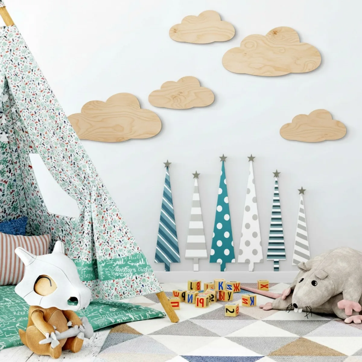 Wanddeko Wolken-Set (5-teilig) – Birken-Sperrholz