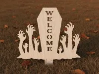 Pancarte Welcome Halloween pour jardin – cercueil avec mains de zombie 60×75 cm