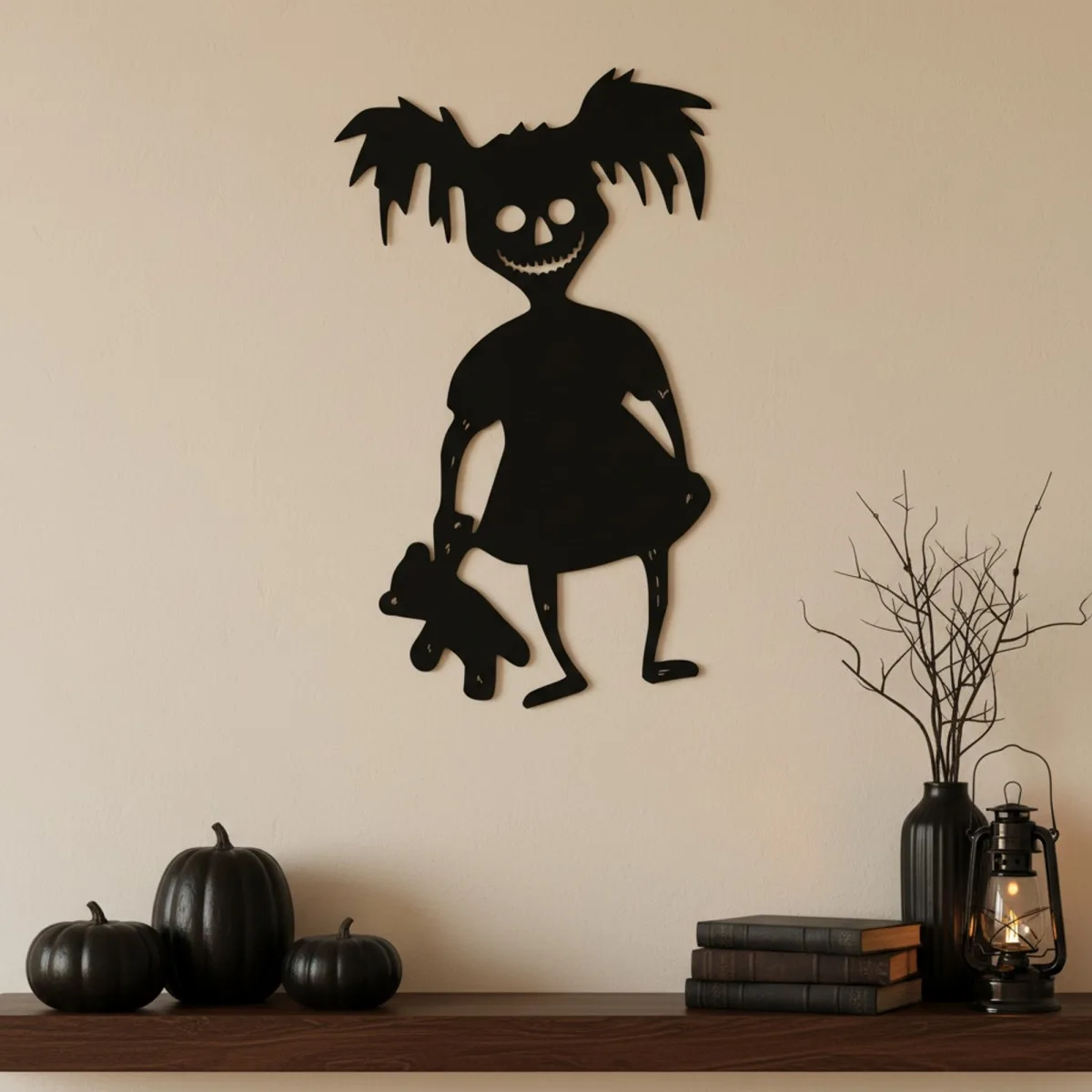 Zombie Girl Wall Art – Zombie with Pigtails and Teddy Bear – Birch Plywood
