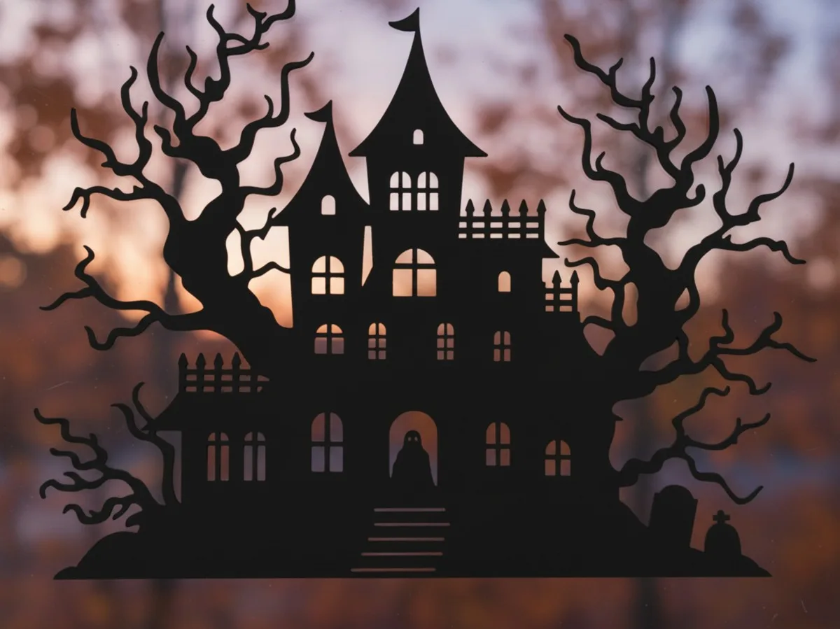Halloween Gruselhaus Wandbild mit Geist im Torbogen – Birken-Sperrholz