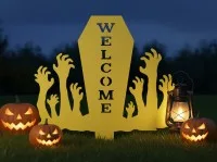 Pancarte Welcome Halloween pour jardin – cercueil avec mains de zombie 60×75 cm