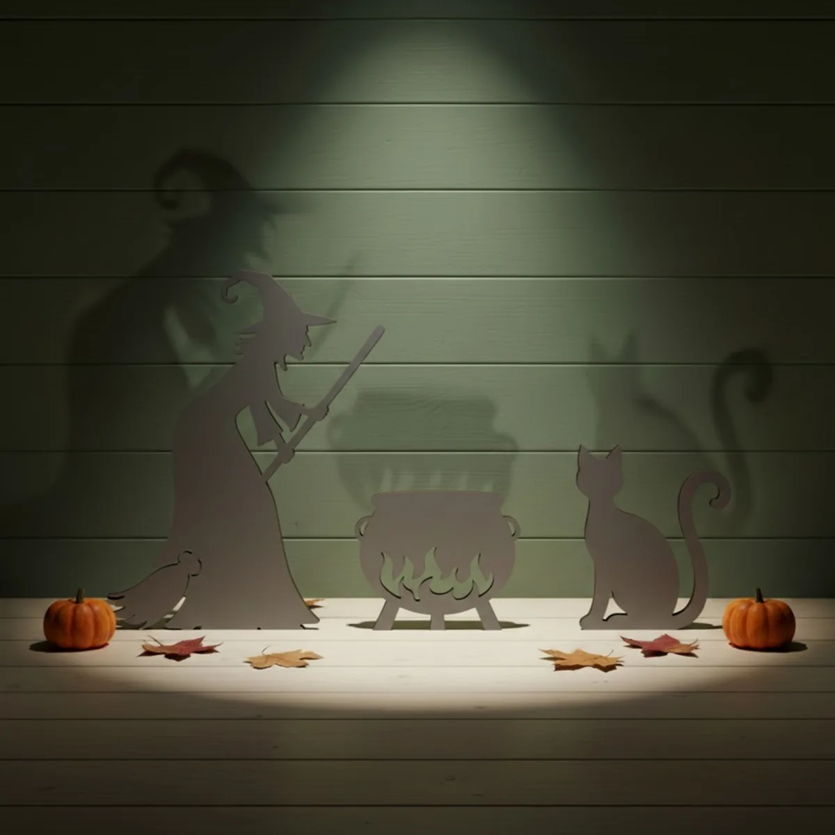 Witch with Cauldron and Cat — Halloween Wooden Silhouette Set