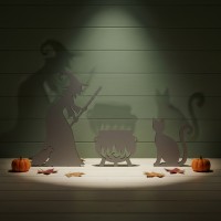 Witch with Cauldron and Cat — Halloween Wooden Silhouette Set