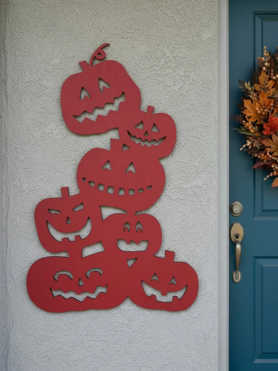 Déco murale Halloween pile de citrouilles – six citrouilles sculptées 60 cm