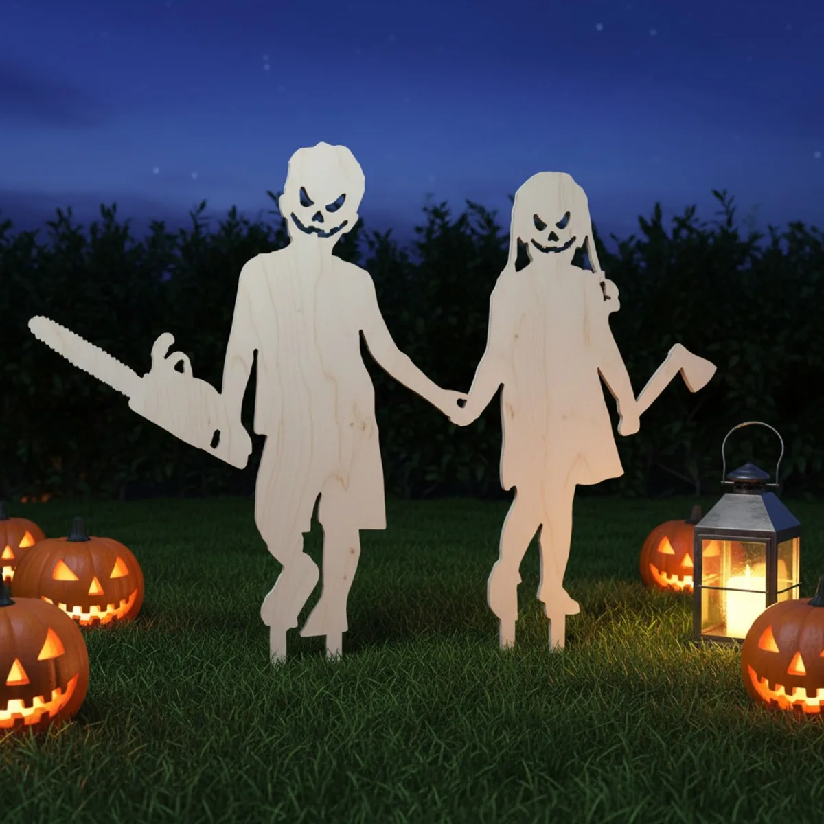 Creepy Couple Halloween Yard Stakes – Boy with Chainsaw & Girl with Axe