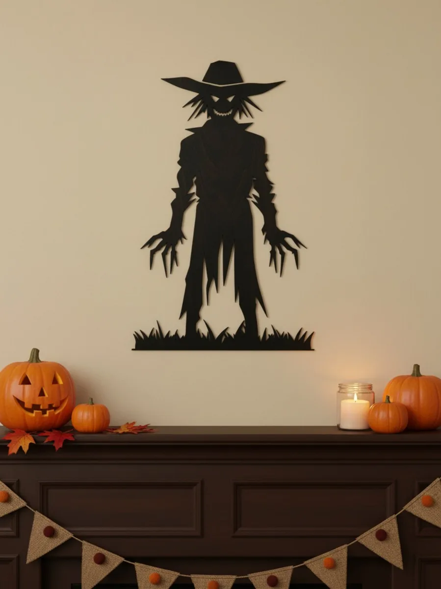 Déco murale épouvantail monstre d’Halloween avec griffes et paille – contreplaqué de bouleau
