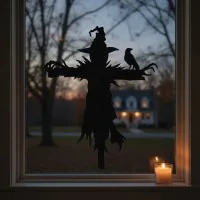 Creepy Scarecrow Wall Decor – Faceless Scarecrow with Crow on Post – Birch Plywood