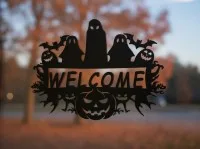 Halloween Welcome Sign Wall Art – Ghosts and Pumpkins – Birch Plywood