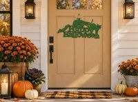 Happy Halloween bord van multiplex – Pompoen, zwarte kat & vleermuis
