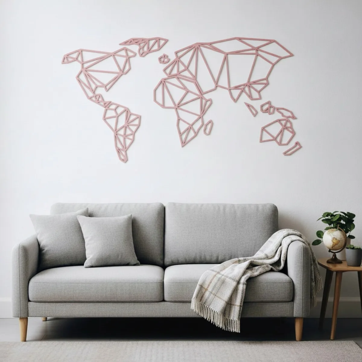 Origami World Map Plywood Wall Decor – Geometric Wireframe Map 100x50 cm