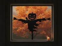Halloween Kürbis-Vogelscheuche Wandbild mit Rabe – Birken-Sperrholz