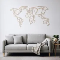 Origami World Map Plywood Wall Decor – Geometric Wireframe Map 100x50 cm