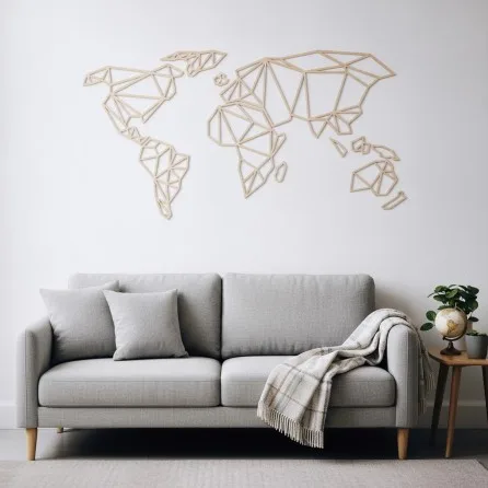 Origami World Map Plywood Wall Decor – Geometric Wireframe Map 100x50 cm