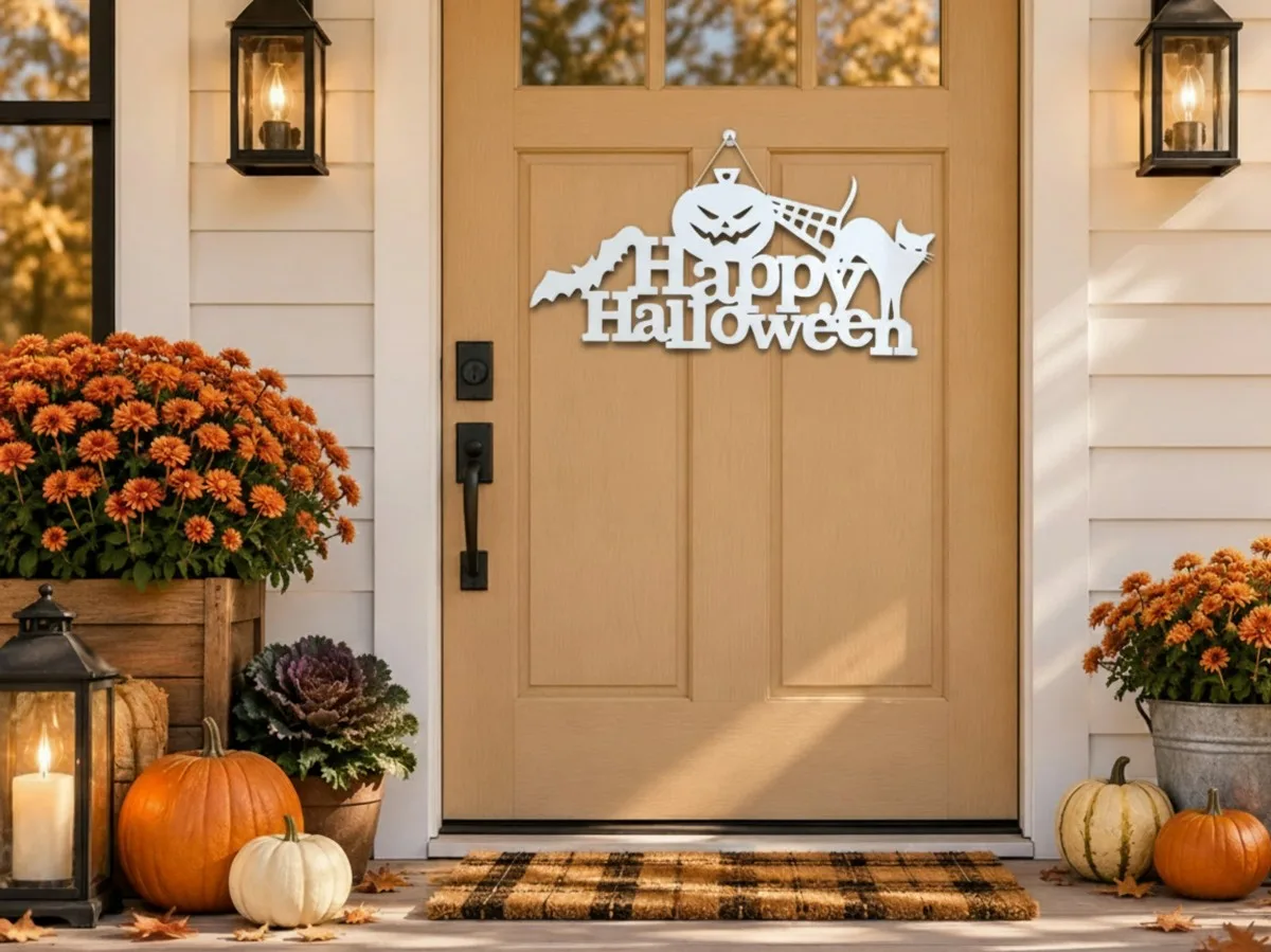 Happy Halloween bord van multiplex – Pompoen, zwarte kat & vleermuis