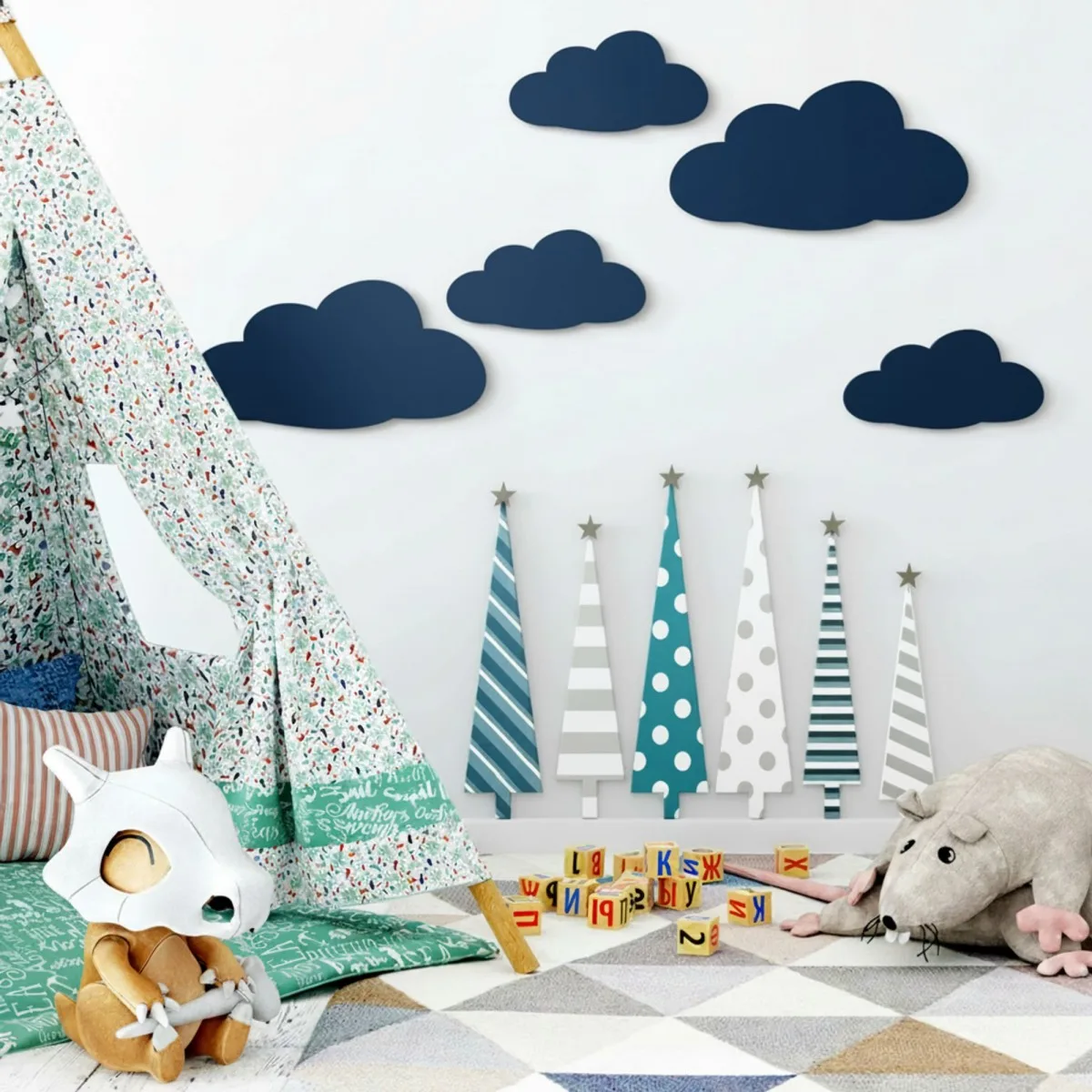 Wanddeko Wolken-Set (5-teilig) – Birken-Sperrholz