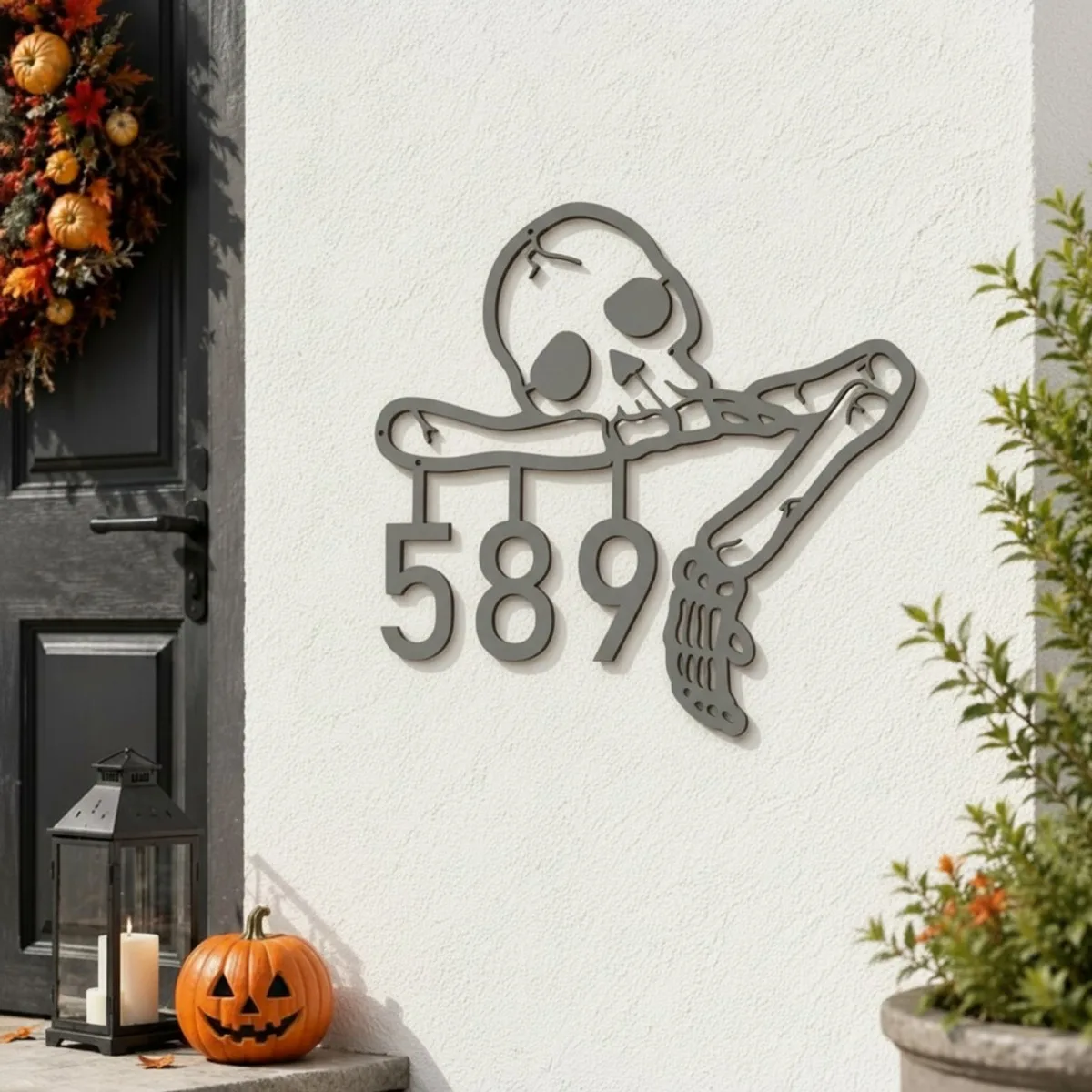 Halloween Skeleton House Number Sign – Custom Address Numbers, Skull & Bone